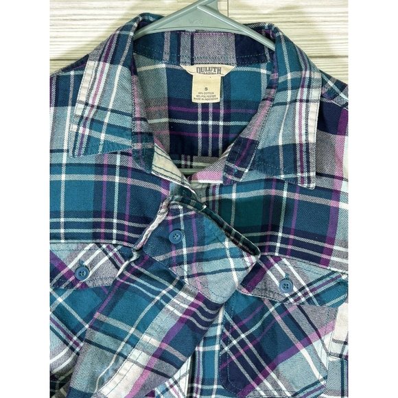 Duluth Trading Women's Small Flannel Plaid Shirt L/S Button Roll Tab Aqua Purple - Picture 1 of 8